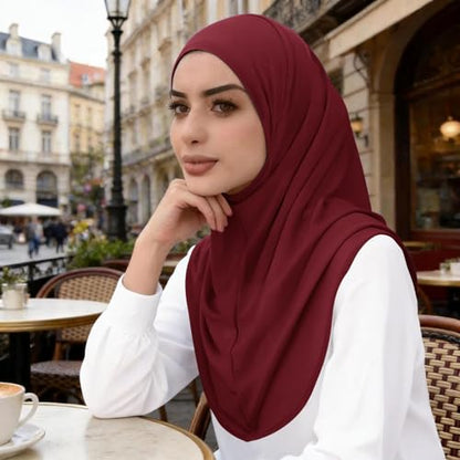 Instant Hijab Ready To Wear Hijab Scarf for Women Soft Long Muslim Jersey Hijabs Head Scarf for Prayer Abaya - color: Wine Red
