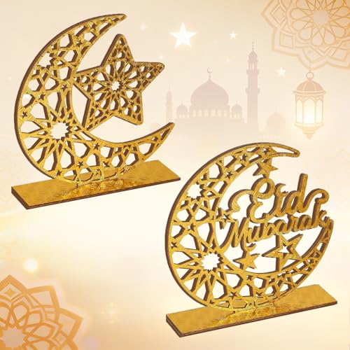 Eid Mubarak Decorations, 2 Pieces Wood Eid Table Decorations, Crescent Moon & Star Table Ornaments, Gold Eid Decorations for Home, Islamic Muslim Home Decor, Eid Mubarak Gifts, Ramadan Decorations - size: Eid Mubarak