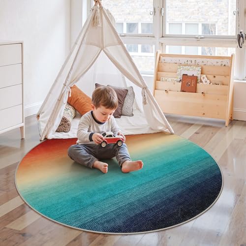 Wonnitar Modern Ombre Christmas Round Area Rug, 4ft Colorful Washable Living Room Circle Throw Mat, Non-Slip Contemporary Kitchen Circular Floor Carpet for Dining Room (Colorful, Round 4ft) - color: Colorful, size: 4' (Round)