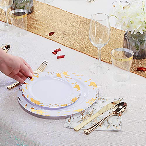Nervure 175PCS Gold Plastic Plates with Marble Printing & Gold Plastic Silverware:50 Plates, 25 Forks, 25 Knives, 25 Spoons, 25 Cups, 25 Napkins for Thanksgiving & Wedding - color: Gold Marbling