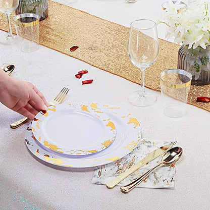 Nervure 175PCS Gold Plastic Plates with Marble Printing & Gold Plastic Silverware:50 Plates, 25 Forks, 25 Knives, 25 Spoons, 25 Cups, 25 Napkins for Thanksgiving & Wedding - color: Gold Marbling