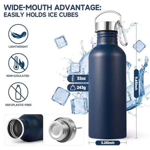 Volhoply 32oz Uninsulated Single Walled Water Bottle, Stainless Steel Sports Water Bottles with Handle, BPA Free Lightweight Water Bottles for Hiking, Biking, Running（Navy,1） - color: Navy