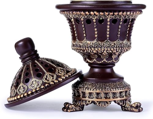 AM Charcoal Incense Cone Burner – Resin & Charcoal Holder for Bakhoor – Decorative Mabkhara Style Aroma Diffuser for Home, Office, Relaxation Spaces – Complete Set with Tongs (Brown)