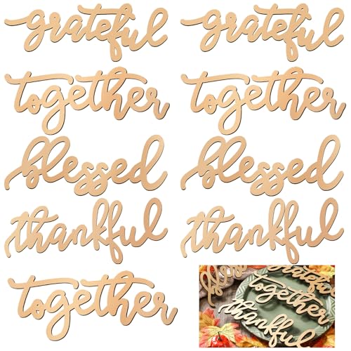 12 Pcs Thanksgiving Wood Cutouts Thankful Grateful Blessed Together Place Cards Fall Plate Letter Signs and Ornaments for Home Table Wall Dining Decor(Gold) - color: Gold, style: Grateful