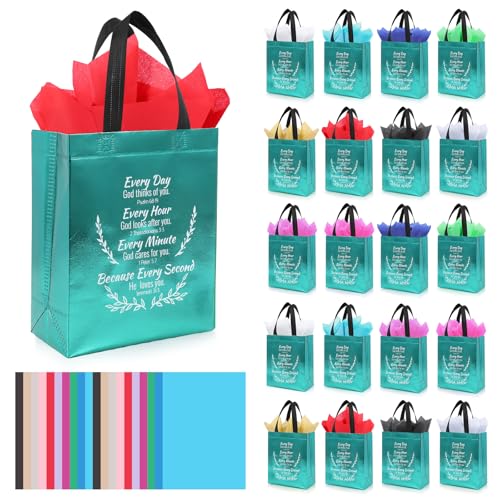 LUAVIARU 80 Pcs Bible Verse Christian Gift Bags Set – 40 Lake Blue Reusable Gift Bag with Handles & 40 Tissue Paper, Religious Gift Bag for Church Events, Baptism, Easter, Communion, Congratulations - color: Lake Blue, size: 40