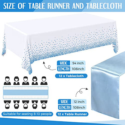 Breling 24 Packs Baby Blue and White Disposable Plastic Tablecloths and Satin Table Runner Set, 54 x 108 Inch Tablecloth, 12 x 108 Inch Table Runners for Wedding Graduation Birthday Baby Shower - color: Baby Blue and White
