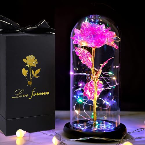 Fvawe Birthday Gifts for Women,Rose Glass Flowers Gifts for Mom,Galaxy Crystal Light Up Rose in A Glass Dome,Presents Girlfriend Wife Sister Grandma Her Anniversary Valentines Mothers Day, Pink - color: Pink Colorful