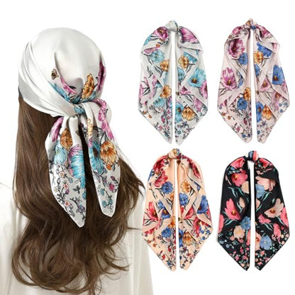 STARWHISPER 27" Square Head Scarf for Women Silk Feeling Satin Scarf Women Fashion Silk Scarf for Wrapping Hair - color: Elegant Flower4