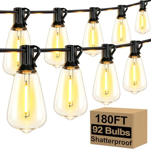 Brightever 180FT Outdoor String Lights 94 Bulbs, Waterproof Patio Lights - color: Black Wire Warm White, size: 180FT