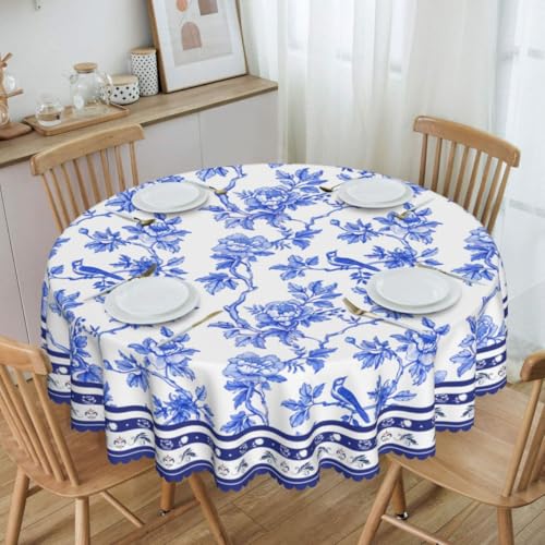 Blue Floral Tablecloth Round, Vintage Elegant Flower Bird Boho Seasonal Farmhouse Water Resisitant Wipeable Table Cover for Dining Kitchen Living Room Home Party Holiday Decor 36 inch Round - color: Tc-blue Floral02, size: 36" (Round)