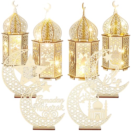 8 Pcs Eid al Adha Decorations Ramadan Tabletop Ornaments 3D LED Eid al Adha Lanterns Ramadan Mubarak Handmade Wooden Moon Star Lights Decorations for Home Party Supplies(Elegant Style)
