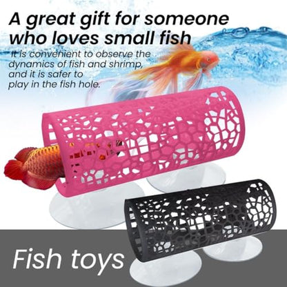 Fish Tunnel Small Hole Hollow Fish Hideout Resting Tube with Suction Cup for Fish Tank Aquarium Ornaments Decoration(Black)