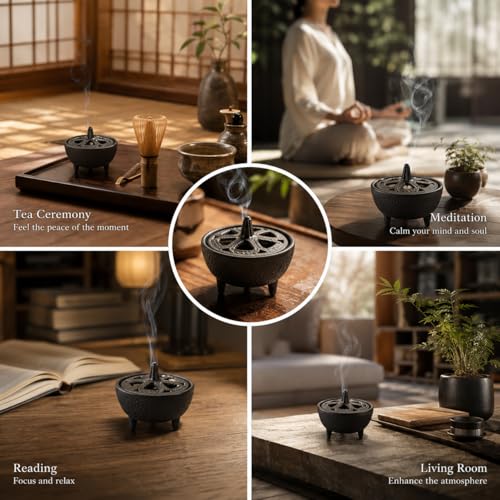 Cast Iron Incense Burner with Fireproof Cotton, Bakhoor Burner for Resin, Charcoal, Cones & Sticks, Meditation & Yoga Decor