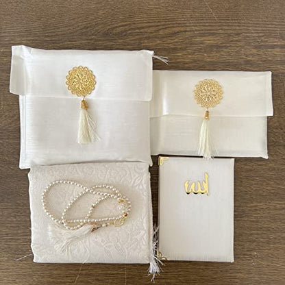Muslim Prayer Rug, Bag & Yaseen Surah Pocket-Size Book, Bag & Prayer Beads Set I Perfect Islamic Gift I Prayer Rug Travel I Muslim for Men&Women | Luxury Islamic Gifts (5 Sets, Cream) - color: Cream, size: 5 Sets