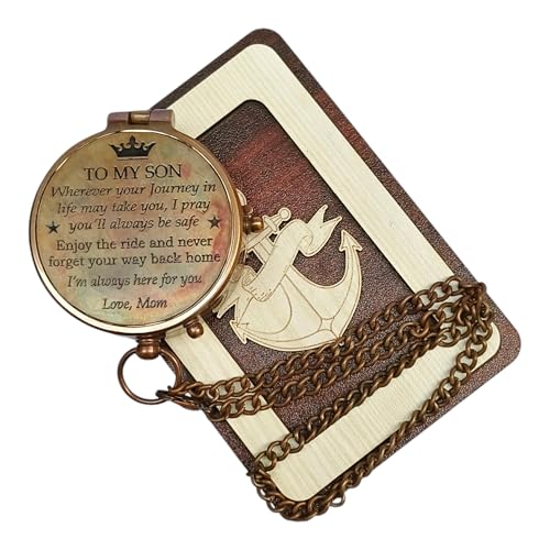 Deocar Engraved Brass Compass with Inspirational Quotes and Wooden Box –Gift for Son, Husband, Grandson, or Travelers – Ideal for Birthdays Graduation Christmas or Special Occasions - style: Love Mom