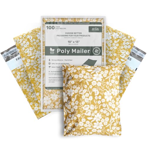 Poly Mailers 10x13 Inch 100 Pack Medium Shipping Bags Strong Thick Mailing Envelopes | Self Sealing Adhesive | Waterproof & Tear Proof | Small Business Packaging for Clothing - Floral Mustard Yellow - color: Yellow, size: 10x13 (100 Pack)