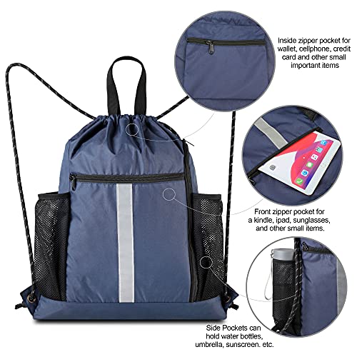 BeeGreen Gym-Drawstring-Backpack-Bag With Shoe Compartment and Two Water Bottle Holder Large String Backpack Sports Bag Athletic Sackpack For Men Women - color: Navy, style: Drawstring With Shoe Compartment