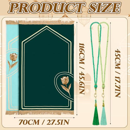 Drydiet 2 Pcs Muslim Couple Prayer Rug Set Heart Design with 2 Pcs Prayer Beads Islamic Muslim Gift Green Travel Mat Soft Velvet Mat for Couple Women Men Ramadan Eid Wedding Birthday - color: Sea Green