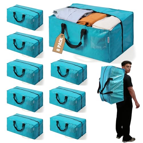 WORKPRO 8 Pack Extra Large Moving Bags with Backpack Straps & Handles | Heavy Duty Moving Storage Bags for Back to School, Dorm, Moving & Closet Storage, Double Zippers for Easy Packing, Blue - color: Blue, size: 8 Pack