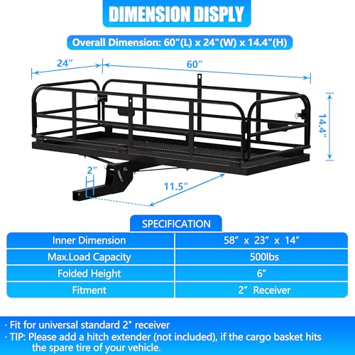 KAIRAY 500 Lbs Heavy Duty Hitch Mount Cargo Carrier 60" x 24" x 14.4" Folding Cargo Rack Rear Luggage Basket Fits 2" Receiver for Car SUV Camping Traveling - color: Black, size: Hitch Cargo Basket only - 60" x 24" x 14.4"