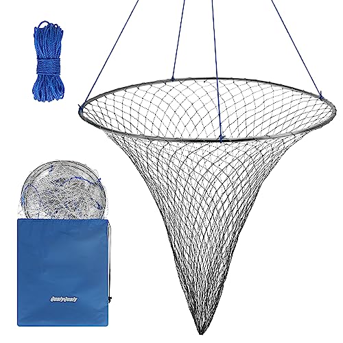 QualyQualy Large Bridge and Pier Fishing Net 32''/39'' Hoop, Foldable Drop Net Pier Fishing for Saltwater with Rope, Landing Net with Nylon Mesh, Collapsible Soft Steel Ring - color: Gray, size: M: 32''×36''