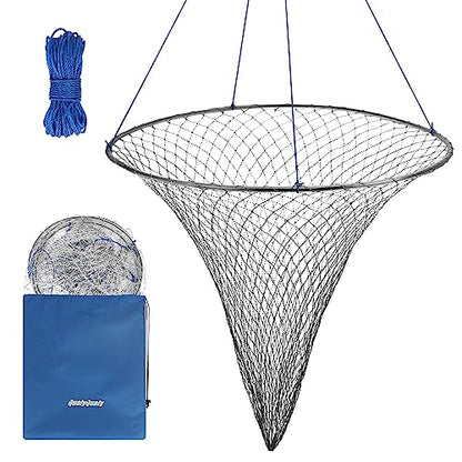 QualyQualy Large Bridge and Pier Fishing Net 32''/39'' Hoop, Foldable Drop Net Pier Fishing for Saltwater with Rope, Landing Net with Nylon Mesh, Collapsible Soft Steel Ring - color: Gray, size: M: 32''×36''