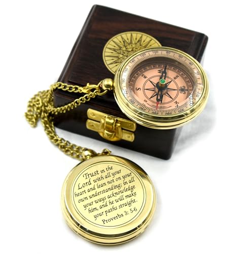 Trust in The Lord With All Your Heart - Proverbs 3:5-6 Quote Engraved Compass With Wooden Box, Greeting Card, Gift Compass, Graduation Day Gifts 2024 for Women Men Boys Girls - style: #11 Trust in The Lord Compass -Proverbs 3: 5-6