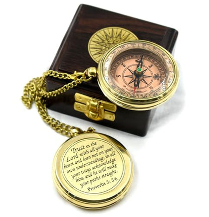 Trust in The Lord With All Your Heart - Proverbs 3:5-6 Quote Engraved Compass With Wooden Box, Greeting Card, Gift Compass, Graduation Day Gifts 2024 for Women Men Boys Girls - style: #11 Trust in The Lord Compass -Proverbs 3: 5-6