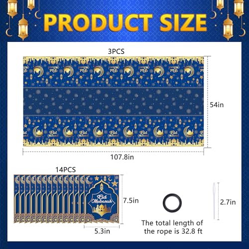 Iceyyyy 4 Pcs Ramadan Party Supplies Decoration Set-108"x54" Disposable Ramadan Mubarak Tablecloth & 32.8Ft Banner-Blue Eid Celebration Decoration for Muslim Ramadan Picnic Home Kitchen Party