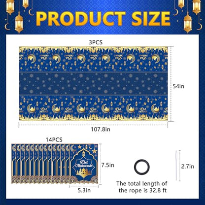 Iceyyyy 4 Pcs Ramadan Party Supplies Decoration Set-108"x54" Disposable Ramadan Mubarak Tablecloth & 32.8Ft Banner-Blue Eid Celebration Decoration for Muslim Ramadan Picnic Home Kitchen Party