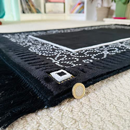 Mihrab Patterned Original Luxury Velvet Prayer Mat/Rug- 750g Weight | Made in Turkey (Black) - color: Black