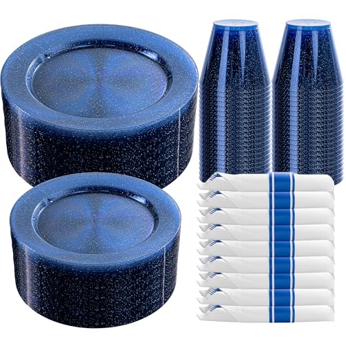 DaYammi 350PCS Cobalt Blue Glitter Plastic Dinnerware Set for 50 Guests - color: Cobalt Blue Glitter, size: 350PCS（50 Guests)