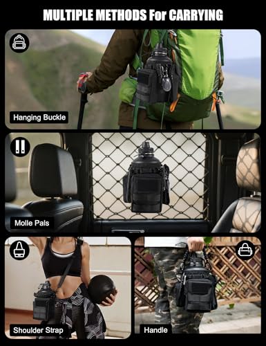 Tactical Half Gallon Water Bottle with Straw, 64 Oz Insulated Water Jug with Molle Water Bottle Holder, Stainless Steel Sport Bottle with 3 BPA Free Lids for Gym Workout Hiking (64oz-Black) - color: 64oz-Black