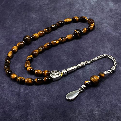 Design -Tiger Eye Stone Series Worry Beads - Prayer Beads (8 mm-33 Beads) Tesbih-Tasbih-Tasbeeh-Misbaha-Masbaha-Subha-Sebha-Sibha-Rosary (-Oval Cut Drop Model 6x9 mm-) - color: -Oval Cut Drop Model 6x9 mm-