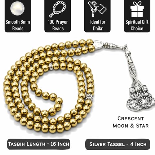 Amazing Gemstone Golden Hematite Tasbeeh with Moon and Star Charm - Certified Crystal Muslim Prayer Beads Natural Gemstone Tasbih for Ramadan Dhikr and Daily Namaz (S) - color: Golden Hematite
