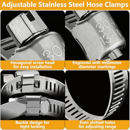 25 Pack Stainless Steel Hose Clamps Assortment Kit, Adjustable 8-57mm Worm Gear Hose Clamp Heavy Duty Duct Pipe Clamp for Plumbing, Fuel Line, Radiator, Mechanical, Automotive Application, Industrial - size: 25 Pcs Kit - Hose Clamp (8-57 mm)