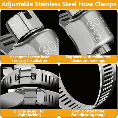 70 Pack Stainless Steel Hose Clamp Adjustable Assortment Kit, 8-64mm Worm Gear Drive Hose Clamps Metal Fuel Line Pipe Clamps for Plumbing, Tube, Mechanical, Automotive, Garden and Home Applications - size: 70 Pcs Kit - Hose Clamp (8-64 mm)