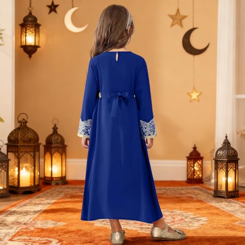 FYMNSI Kids Girls Muslim Abaya Dress Modest Lace Belted Prayer Dress Islamic Maxi Robe Kaftan Ramadan Arabian Dubai Clothes - color: Royal Blue, size: 4-5T