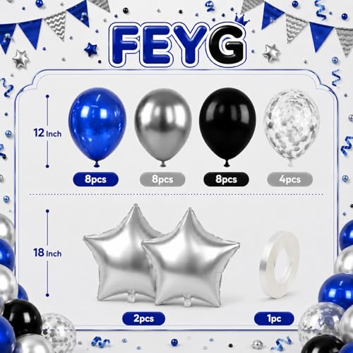 Blue and Black Balloons with Silver Star Foil Balloons for Birthday Party - color: Blue and Sliver, size: 30PC