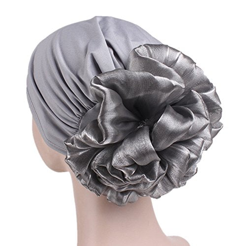 Women Flower Elastic Turban Beanie Head Scarf wrap Chemo Cap hat for Cancer Patient - color: Grey 1