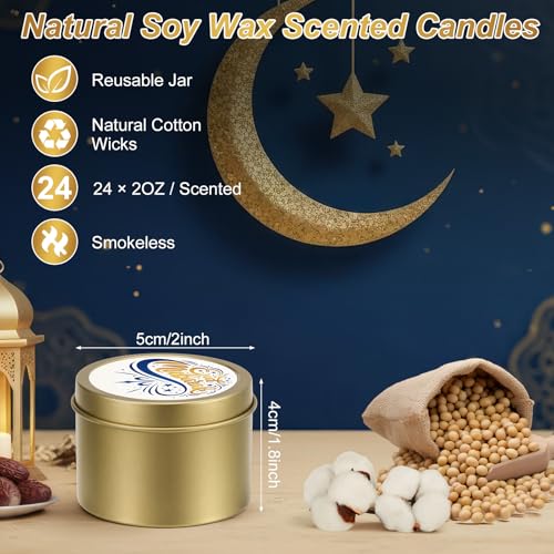 Nuanchu 24 Pack Eid Mubarak Scented Candles Gift 2 oz Blue Gold Star and Moon Design Ramadan Aromatherapy Soy Wax Jars Lasting Bulk Favors for Home Islamic Holiday Party Decor - style: Blue Gold Star and Moon Design