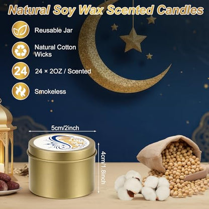 Nuanchu 24 Pack Eid Mubarak Scented Candles Gift 2 oz Blue Gold Star and Moon Design Ramadan Aromatherapy Soy Wax Jars Lasting Bulk Favors for Home Islamic Holiday Party Decor - style: Blue Gold Star and Moon Design