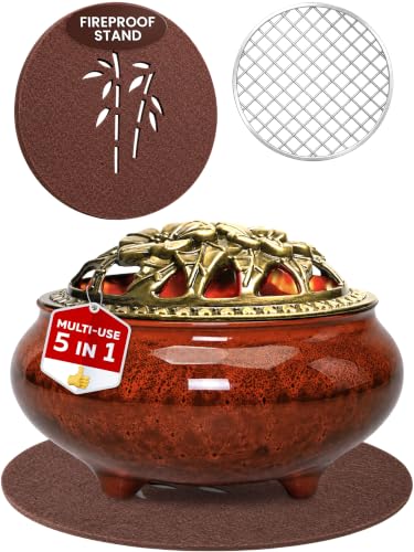 Resin Incense Burner for Frankincense & Bakhoor – Ceramic Charcoal Incense Burner with Lid, Stainless Steel Mesh and Heat-Resistant Lining for Altar & Meditation, Glazed Red - color: Red