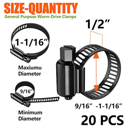 BOTTEN 20pcs Black Hose Clamp,9/16"- 1-1/16"(14-27mm)304 Hose Clamps Stainless Steel Adjustable Worm Gear Hose Clamps Assortment Kit,radiator hose clamps fuel line clamps - size: 9/16''–1-1/16''