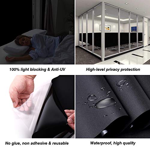 WochiTV Total Blackout Window Film 100% Light Blocking Non Adhesive No Residue Removable Opaque Static Cling Privacy Glass Tint for Home Bedroom Darkening Heat Control (17.5 in x 6.56 Ft) | No Glue Static Cling Window Glass Sticker,UV Protection,Heat Cont