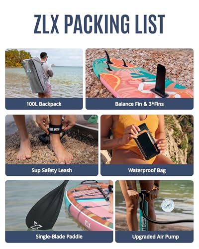 ZLX 11'6"x35" Ultra Wide Inflatable Stand Up Paddle Board | Stable Non-Slip Deck Pad, Unique Fin System, Premium SUP Accessories & Backpack - Upgraded Pump for Adults, All Skill Levels - color: Pink Orange Gradient