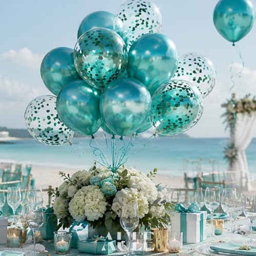 AULE Party Balloons Pack of 42 - Metallic Green Balloons & Confetti Balloons and 64ft Ribbons - 12 Inch Teal Green Balloon Decorations Set - color: Green