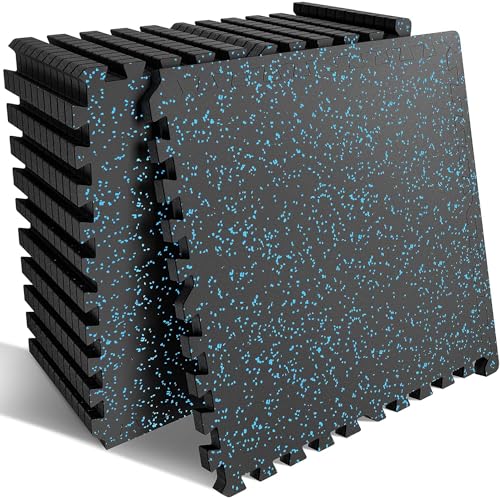 0.56-Inch Thick 48 Sq ft Exercise Equipment Mats | 12 Tiles Interlocking High-Density EVA Foam Rubber Puzzle Gym Flooring for Home Gym & Heavy Weight Workouts, 24 x 24 in Black/Blue - color: Blue, size: 12 Tiles (48 Sq Ft)