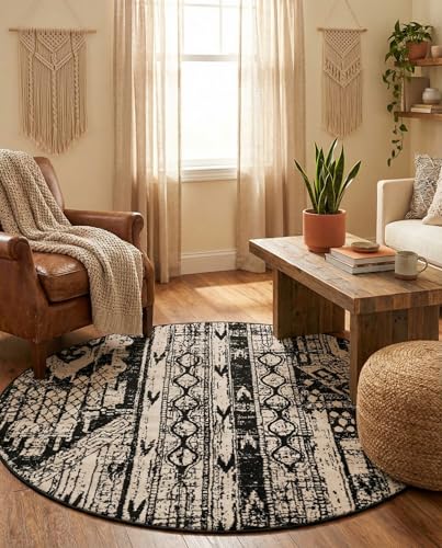 Rugs.com - Oregon Collection Rug – 5 Ft Round Black and White Easy-Clean Rug – Rustic Tribal Design for Bedrooms, Dining Rooms, and Home Offices - color: Black and White, size: 5' (Round)