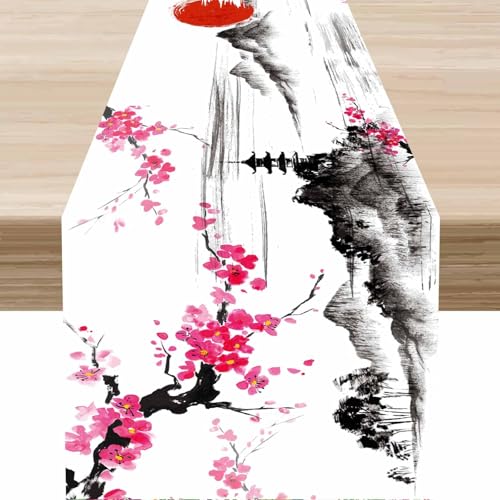 Cherry Blossom Table Runner,Asian Retro Traditional Ink Painting Cherry Blossom Nature Landscape Vintage Table Runners for Indoor Outdoor Home Party Holiday Decor 13 x 36 Inch - color: Japanese-3, size: 13x36" Table Runner